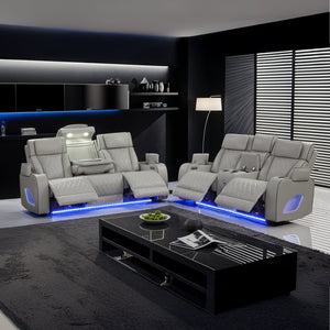 English Elm Fortuner Luxurious 2PC Living Room Recliner Set with Power Massage, LED Lighting, Bluetooth Audio, USB Charging Grey B009S01800