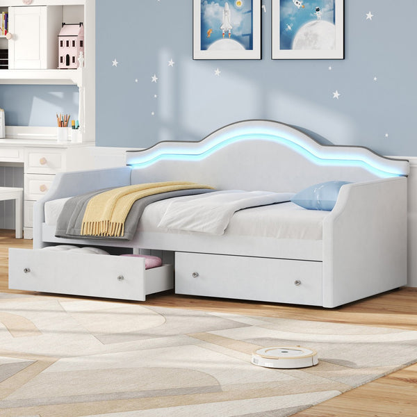 English Elm Twin Upholstered Daybed with Built-In LED & 2 Drawers, Velvet Platform Bed with Solid Wood Frame, Modern Curved Backrest, Twin Size, No Box Spring Needed Beige N7500001851A