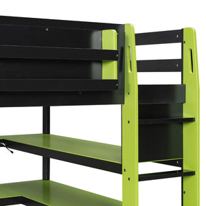 English Elm Full Size Gaming Loft Bed with Rgb Lights Wraparound Shelves and Built-in Usb Ports Green LT000299AAF