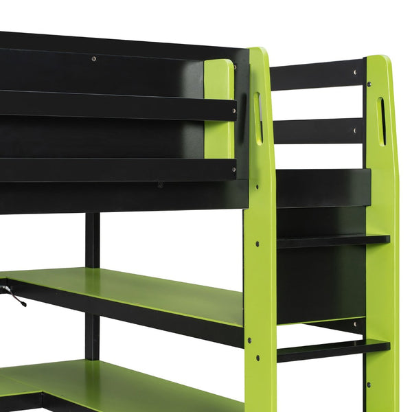 English Elm Full Size Gaming Loft Bed with Rgb Lights Wraparound Shelves and Built-in Usb Ports Green LT000299AAF