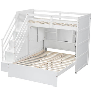 English Elm Twin Over Full Bunk Bed with Wardrobe Storage Stairs Shelves and Usb Charging White LT000292AAK