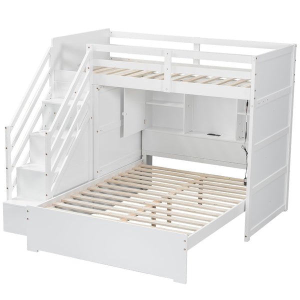 English Elm Twin Over Full Bunk Bed with Wardrobe Storage Stairs Shelves and Usb Charging White LT000292AAK