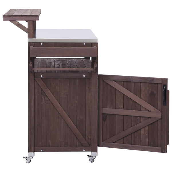 English Elm K&K 53.3" Outdoor Kitchen Island with 1.2" Stainless Top, Spacious Storage, Raised Shelf, Wheels Brown N707P250628Z