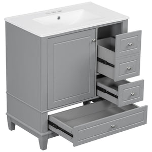 English Elm Christopher Knight Home® - 30" Freestanding Bathroom Vanity with Ceramic Sink, Soft-Close Door, Gold Knobs & 3 Drawers, Durable Painted Finish Grey N759P225994E