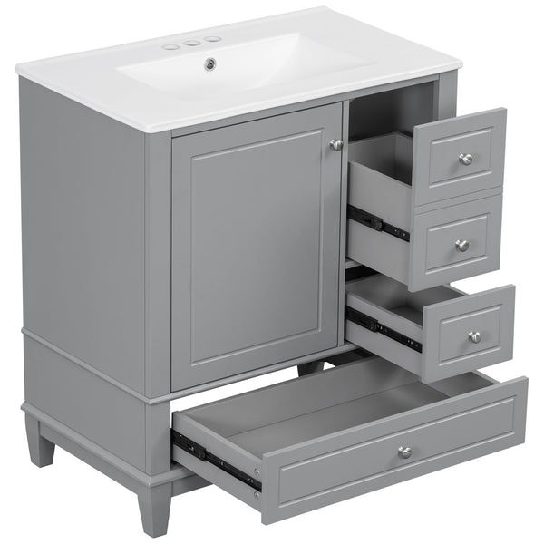 English Elm Christopher Knight Home® - 30" Freestanding Bathroom Vanity with Ceramic Sink, Soft-Close Door, Gold Knobs & 3 Drawers, Durable Painted Finish Grey N759P225994E