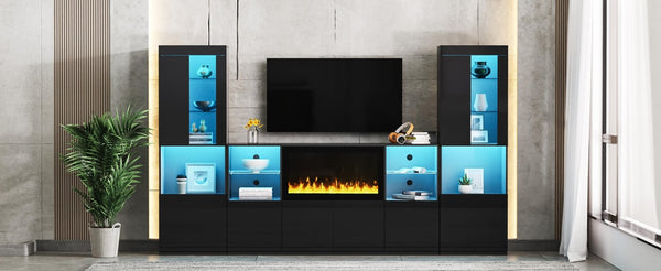 English Elm On-Trend Modern Tv Stand With 34.2" Electric Fireplace & Led Lights For Tvs Up To 75", Black Elegance N721S000043B-GIGA