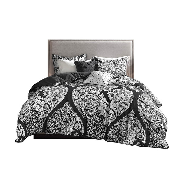 English Elm King/Cal King Vienna 6-Piece Printed Duvet Cover Set – 100% Cotton Sateen, Damask Design, Flange Trim & Decorative Pillows B03597370