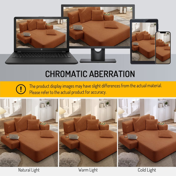 English Elm Luxurious Corduroy Convertible Chaise Lounge Sofa Bed with Storage and Coil Spring Foam Orange W3219P483088