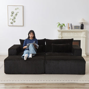 English Elm 87" Oversized Sectional Lounge Chaise - Cloud-Like Comfort In Stylish Black Corduroy With Footstools W834S00333