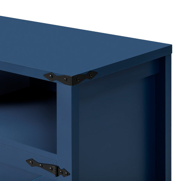English Elm U_style 59 Inch Sideboard Buffet with Built in Power Outlets Open Cubbies Metal Accents Navy Blue N711P347407V