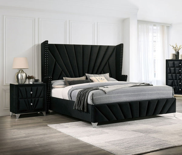 English Elm Bedroom Wooden Queen Bed with High Panel Headboard, Gold Trim Accent, Modern Luxury Design Black 84 L x 40.5 W x 3.3 H B2741S00113