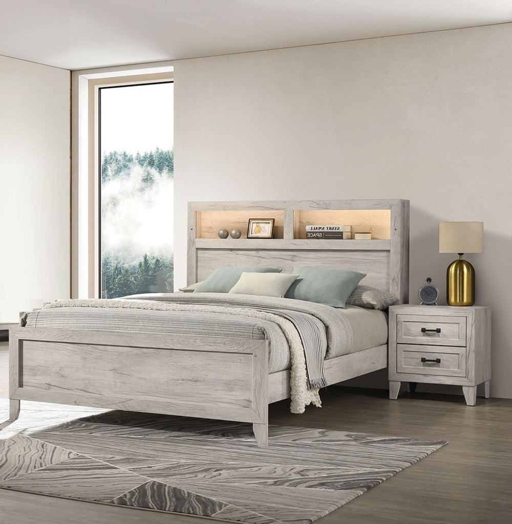 English Elm 3pc Full Bedroom Set Whitewash Tufted Headboard Shelves Lighting Two Nightstands B2741S00225