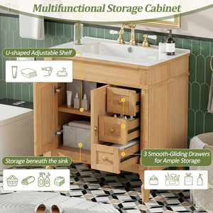 English Elm 30-inch Freestanding Bathroom Vanity Solid Wood Base Ceramic Sink Gold Hardware N729P299368N