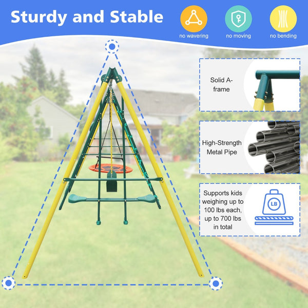 English Elm 2 in 1 Kids Outdoor Steel A-frame Backyard Swing Set with Saucer and Belt Seats W1408P163259