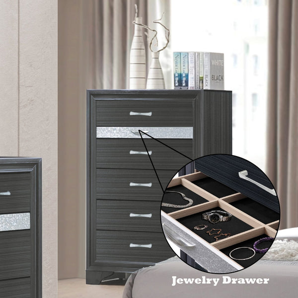 English Elm Naima Modern Textured Finish Dresser with Felt-Lined Jewelry Drawer, Silver Pulls, Smooth Glide Black 57 L x 20 W x 37 H B2726P261246