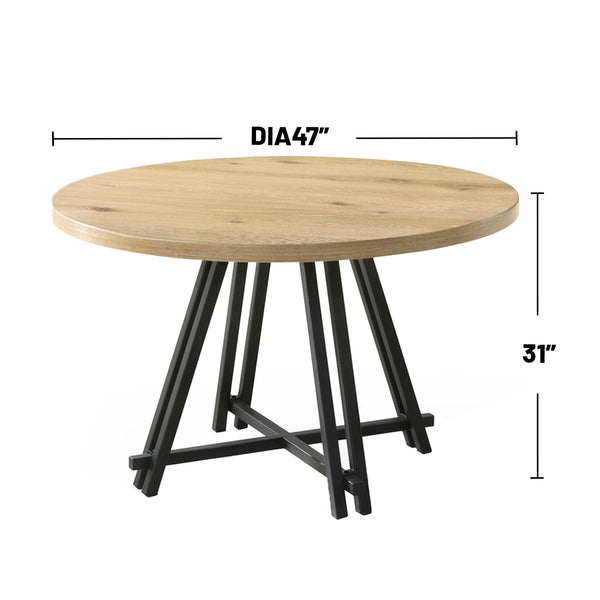 English Elm 47"W Rustic Round Dining Table with Distressed Oak Top & Industrial Metal Base for Entertaining B016S00039