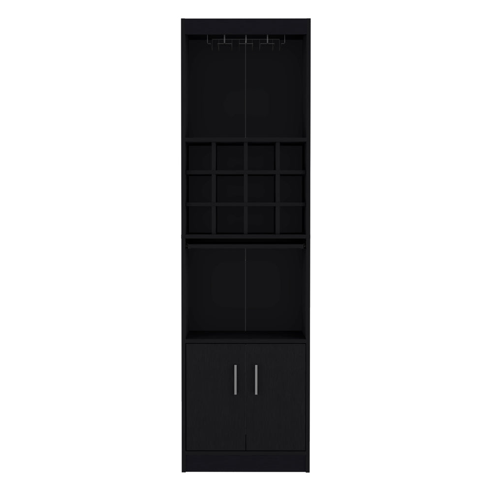 English Elm Kevil 71-Inch Tall Bar Cabinet with 12-Bottle Cubbies, Stemware Rack, Pull-Out Shelf, Modern Storage Black 42 L x 19 W x 9 H B070P188835