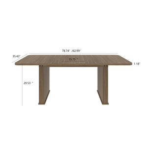 English Elm Modern Beige Brown Dining Table for 6-10 with Double Pedestal, Vertical Stripe MDF Top, Sturdy Design W1347S00012