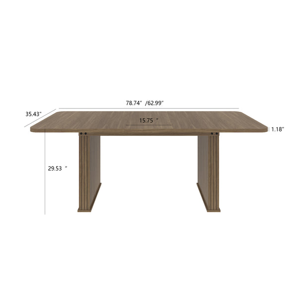 English Elm Modern Beige Brown Dining Table for 6-10 with Double Pedestal, Vertical Stripe MDF Top, Sturdy Design W1347S00012