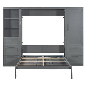 English Elm Queen Murphy Wall Bed with Wardrobe Drawers and Shelves for Studio or Guest Room Gray LP000865AAE-2