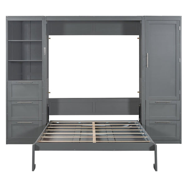 English Elm Queen Murphy Wall Bed with Wardrobe Drawers and Shelves for Studio or Guest Room Gray LP000865AAE-2