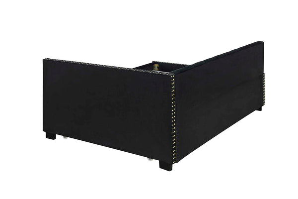 English Elm BLACK Velvet Upholstered Twin Daybed Corner with Removable Trundle, Studded Detail, Pockets & Wheels W1867S00006
