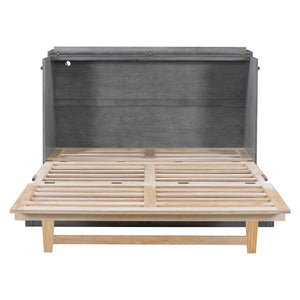 English Elm Queen Murphy Wall Bed with Rattan Panel Cabinet and Storage Drawers for Studio Rooms Gray LP000676AAE