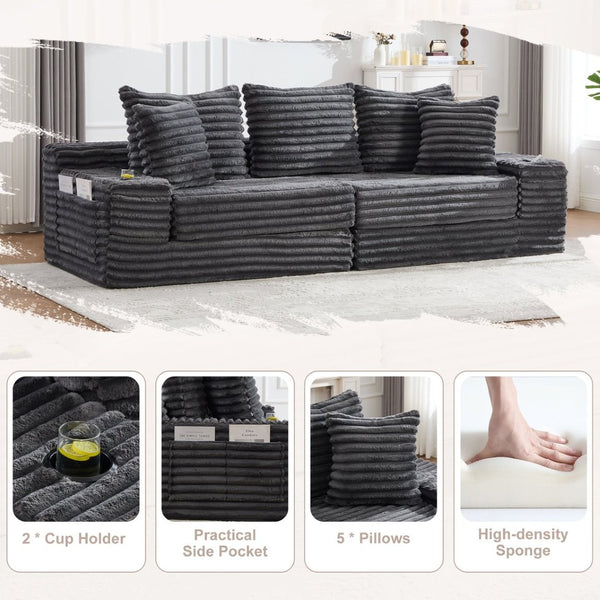 English Elm Oversized Corduroy Cloud Couch Convertible Sleeper Sofa with Memory Foam Seating Dark Gray W395S00117