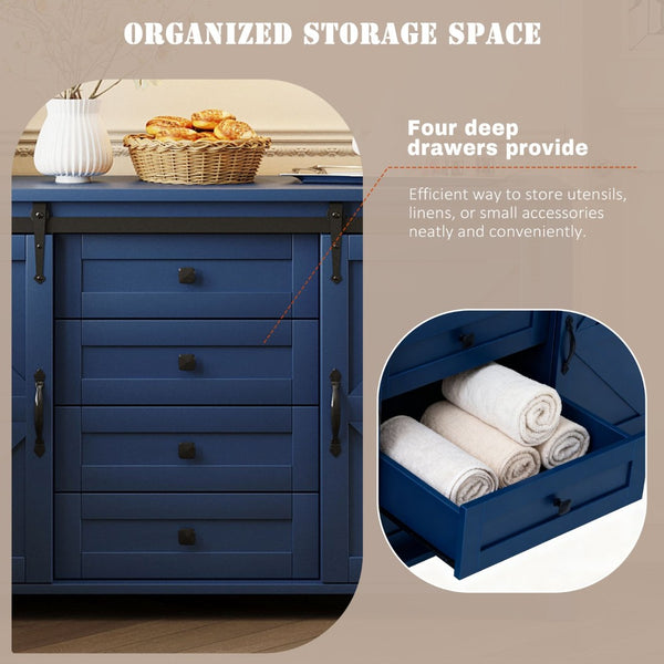 English Elm U-style Farmhouse Sideboard Barn Door Buffet with Drawers Built-in Outlet Dining Navy Blue N711P347377V