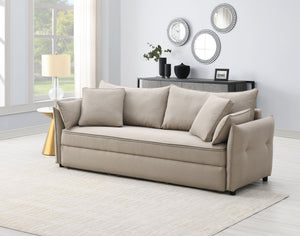 English Elm Irina versatile pull-out fabric sleeper sofa with hidden storage, removable cushions & toss pillows Beige 88.6 L x 33.1 W x 24.8 H B2726P242392