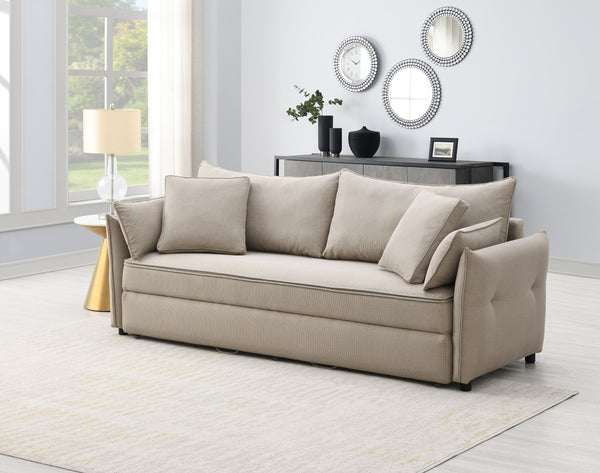 English Elm Irina versatile pull-out fabric sleeper sofa with hidden storage, removable cushions & toss pillows Beige 88.6 L x 33.1 W x 24.8 H B2726P242392