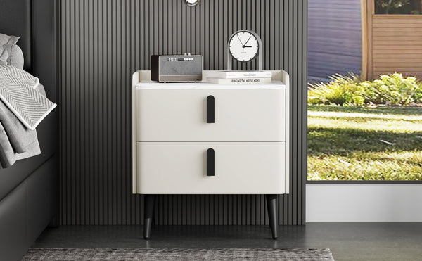 English Elm Nightstand with Marble-Pattern Top and Raised Guard, 2 Drawers for Organized Stylish Bedroom Decor White 23.4 L x 18.5 W x 9.06 H N733P332142K