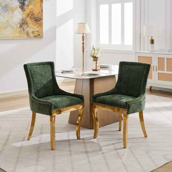 English Elm Chenille Modern Dining Chair with Curved Gold-Plated Legs, Rivet Trim, Textured Upholstery Comfort Olive Green W1143P332688