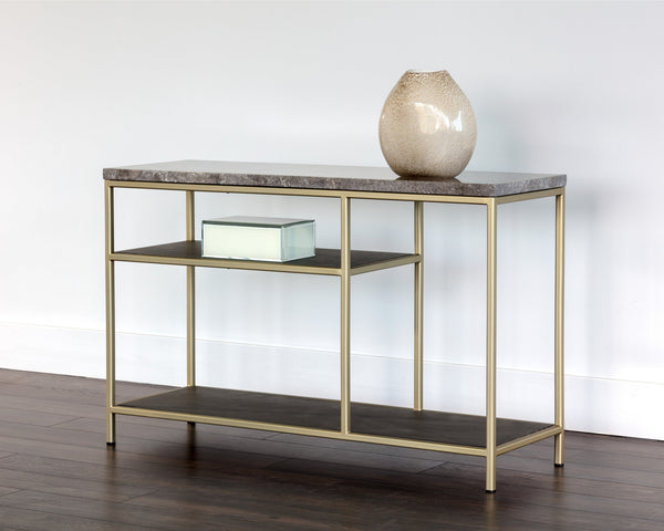 Sunpan Arden Console Table – Rustic Grey Marble Top with Oak Shelves & Gold Iron Frame – Modern Elegance