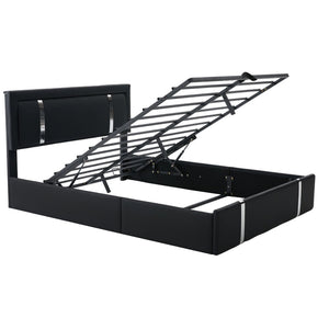 English Elm Queen Platform Bed Wingback Diamond Quilted Headboard Led Lighting Storage Drawers Black W5722P462695