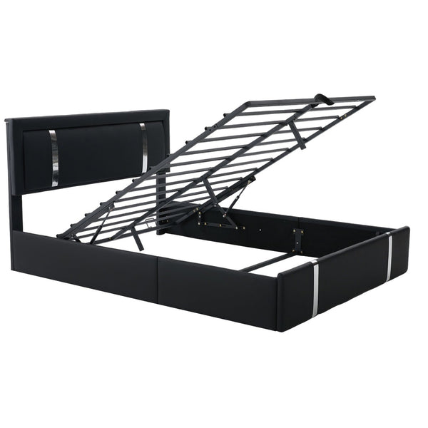 English Elm Queen Platform Bed Wingback Diamond Quilted Headboard Led Lighting Storage Drawers Black W5722P462695