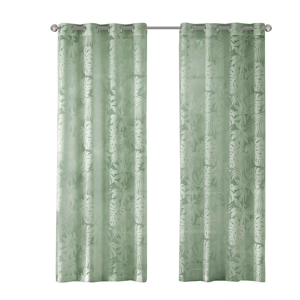 JLA Home Madison Park - Palm Leaf Burnout Window Sheer Curtain with Antique Silver Grommets, OEKO-TEX, Airy Coastal Style Sage Green MP40-8219