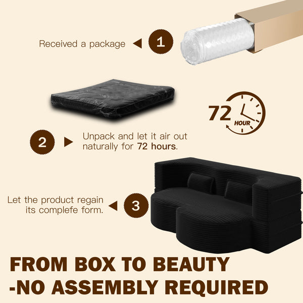 English Elm Modern Full Size Folding Sofa Bed with Plush Corduroy, 2 Pillows, 15" Foam Mattress, No Assembly Required Black W1885P347089