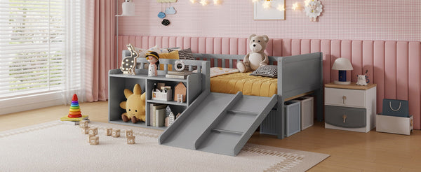 English Elm Twin Low Loft Bed for Kids with Slide Climbing Structure and Movable Bookshelf W2593P457237