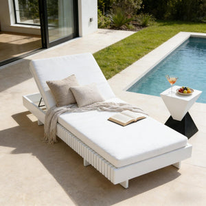 English Elm Modern Acacia Wood Outdoor Chaise Lounge Slatted Reclining Poolside Sun Chair Cream,White N770P281696W_65429.00CUSH