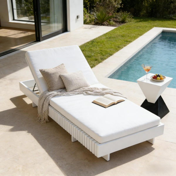 English Elm Modern Acacia Wood Outdoor Chaise Lounge Slatted Reclining Poolside Sun Chair Cream,White N770P281696W_65429.00CUSH