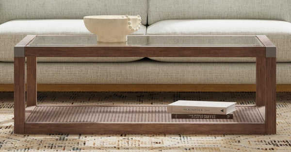 Basset Mirror Calum Cocktail Table - Rustic Solid Wood With Glass Top & Cane Shelf, Coastal Farmhouse Charm Brown Rubberwood,Glass,Cane 9675-lr-100