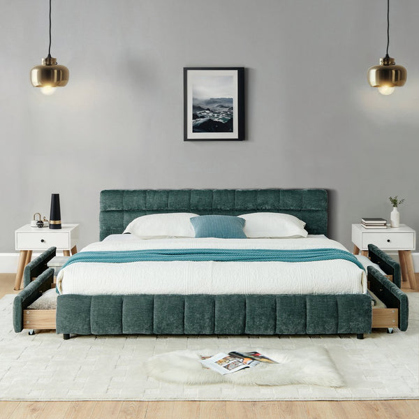 English Elm California King Upholstered Bed Frame With Plush Chenille Fabric, Storage Drawers & Modern Design W487P311314