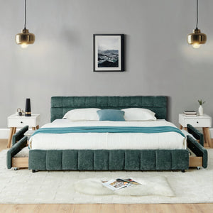 English Elm California King Platform Storage Bed Chenille Upholstered Frame Modern Bedroom Blue+Green W487S00523