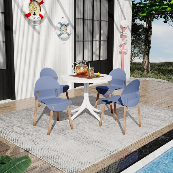 English Elm Summer 5 Piece Round Dining Set Polypropylene Stackable Chairs Oak Legs Modern Style Grey-Blue,White W3450S00039