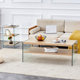 English Elm Double Layered Rectangular Coffee Table.The Board Is Made Of Mdf With Wooden Stickers, With Transparent Tempered Glass On Both Side.Suitable For Various Occasions Such As Living Rooms and Bedrooms.