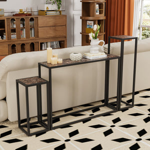 English Elm 3-piece narrow console set with PU leather edges, industrial farmhouse entry table trio, space-saving black brown blend W578P357516