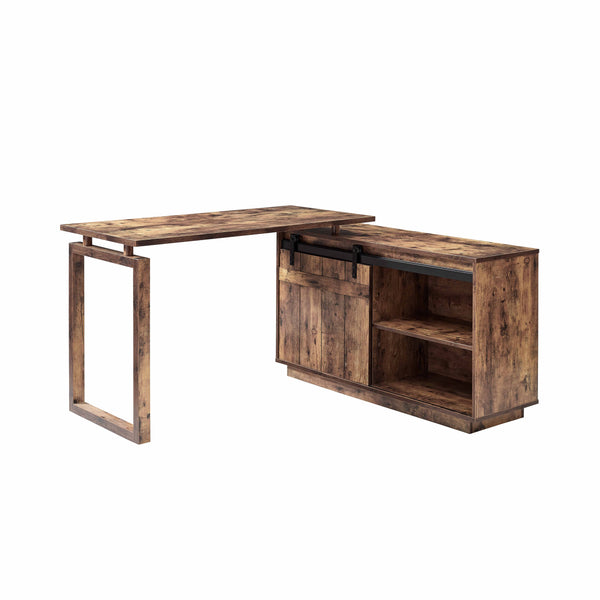 English Elm Desk L-Shaped Workstation With Storage Credenza & Sliding Barn Door - Rustic Charm For Home Office B107S00004