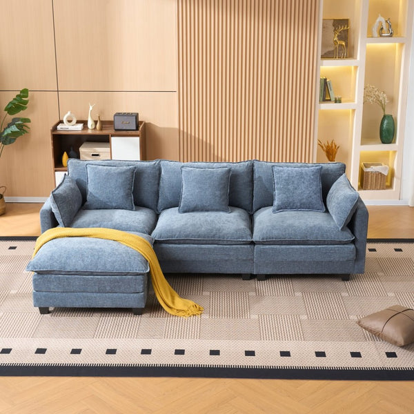 English Elm Beige Chenille Sectional Sofa with Modular Ottoman for Living Room or Studio Blue W2603S00007