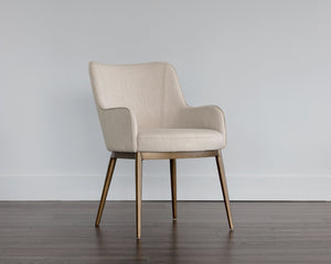 Sunpan Franklin Dining Armchair - Elegant Barrel Back Design with Antique Brass Frame for Modern Spaces Beige Linen